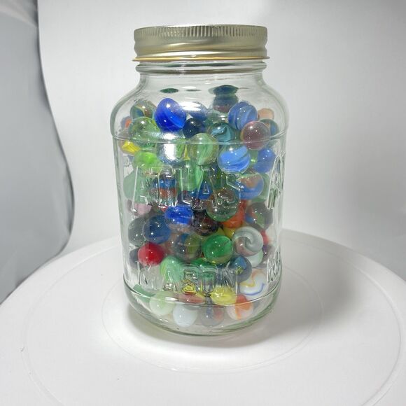 Unbranded Other - Vintage Glass Marbles Lot in Atlas Mason Jar Mixed Colors Swirls Bulk Common